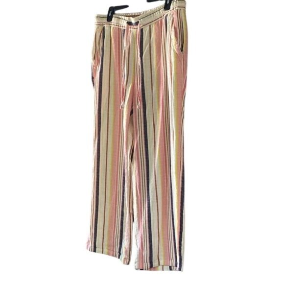 Old Navy Womens Striped Linen Blend Pants M Pink/Yellow/White Elastic Waist & Dr - Picture 1 of 6